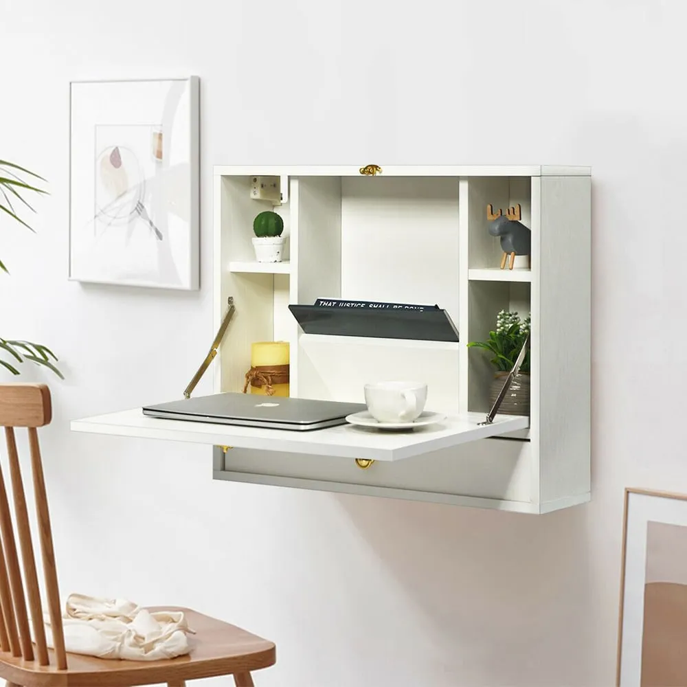 Wall Mounted Foldable Wooden Cabinet with Desk - White