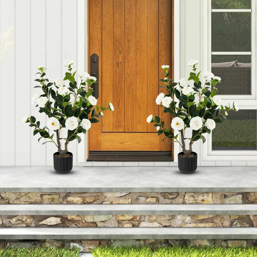 White Camellia Tree Artificial Plant in Pot 3.1ft 2 Pack - White