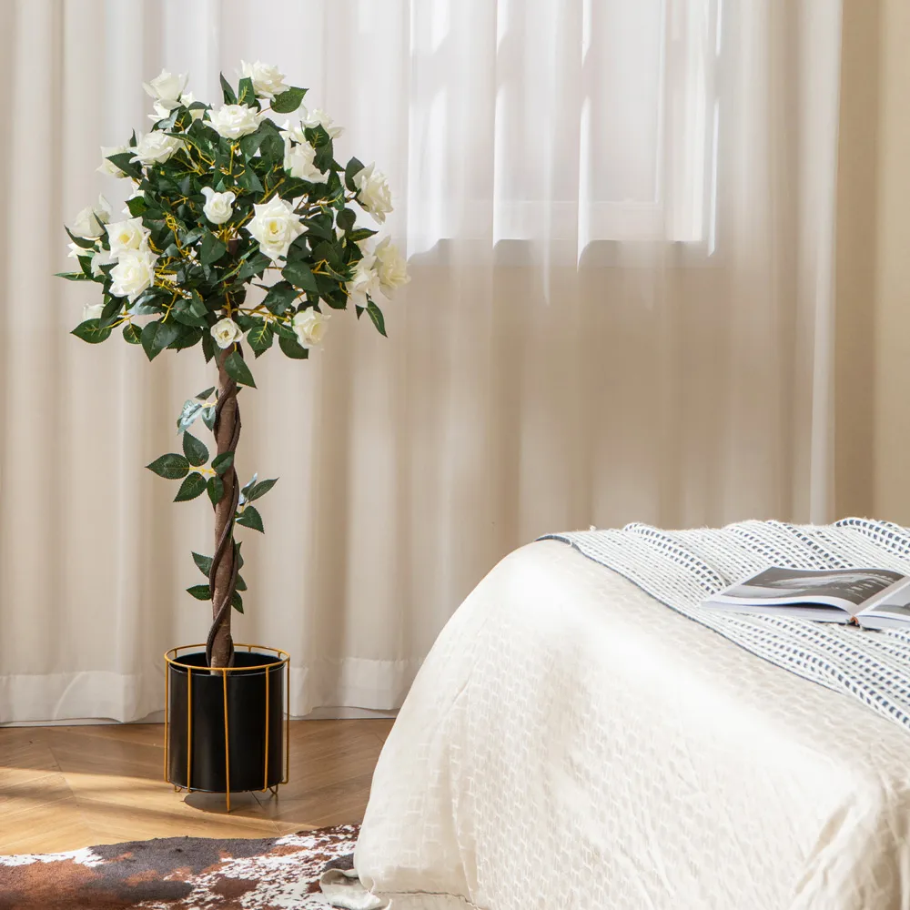 White Rose Tree Artificial Plant in Pot 3.9ft - Green