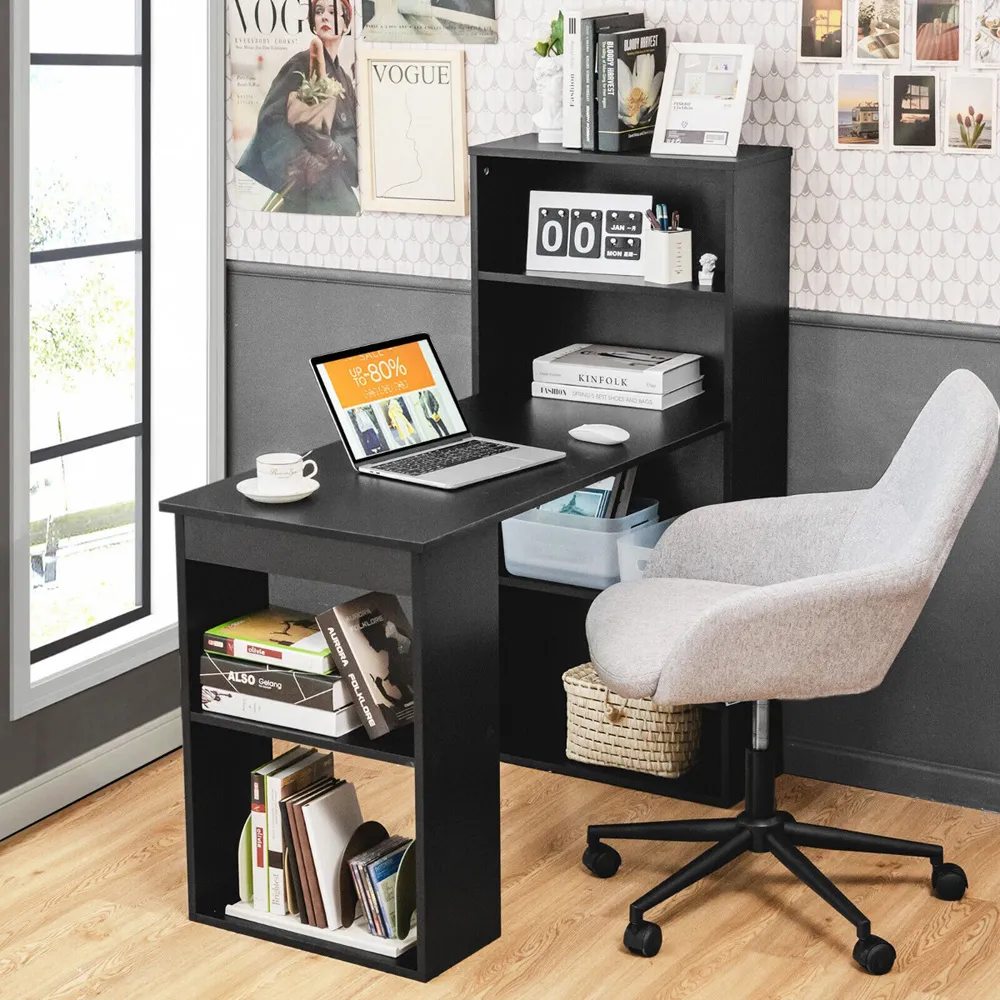 Wooden Computer Desk with Bookshelf - Black