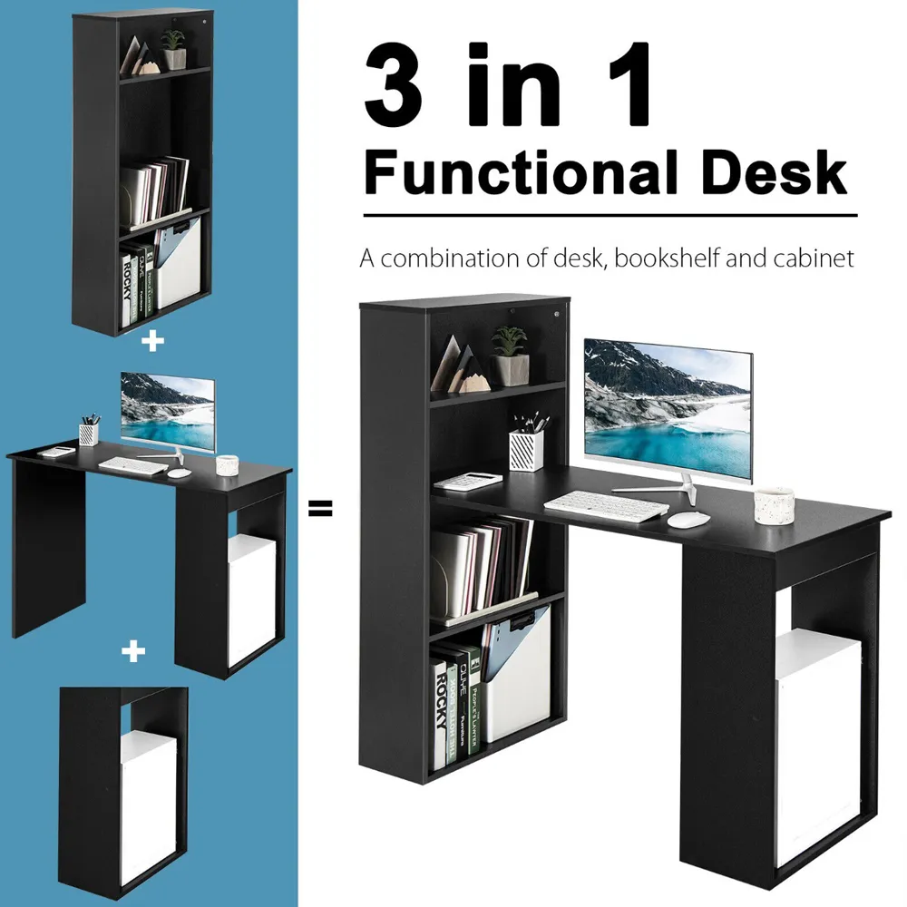 Wooden Computer Desk with Bookshelf - Black