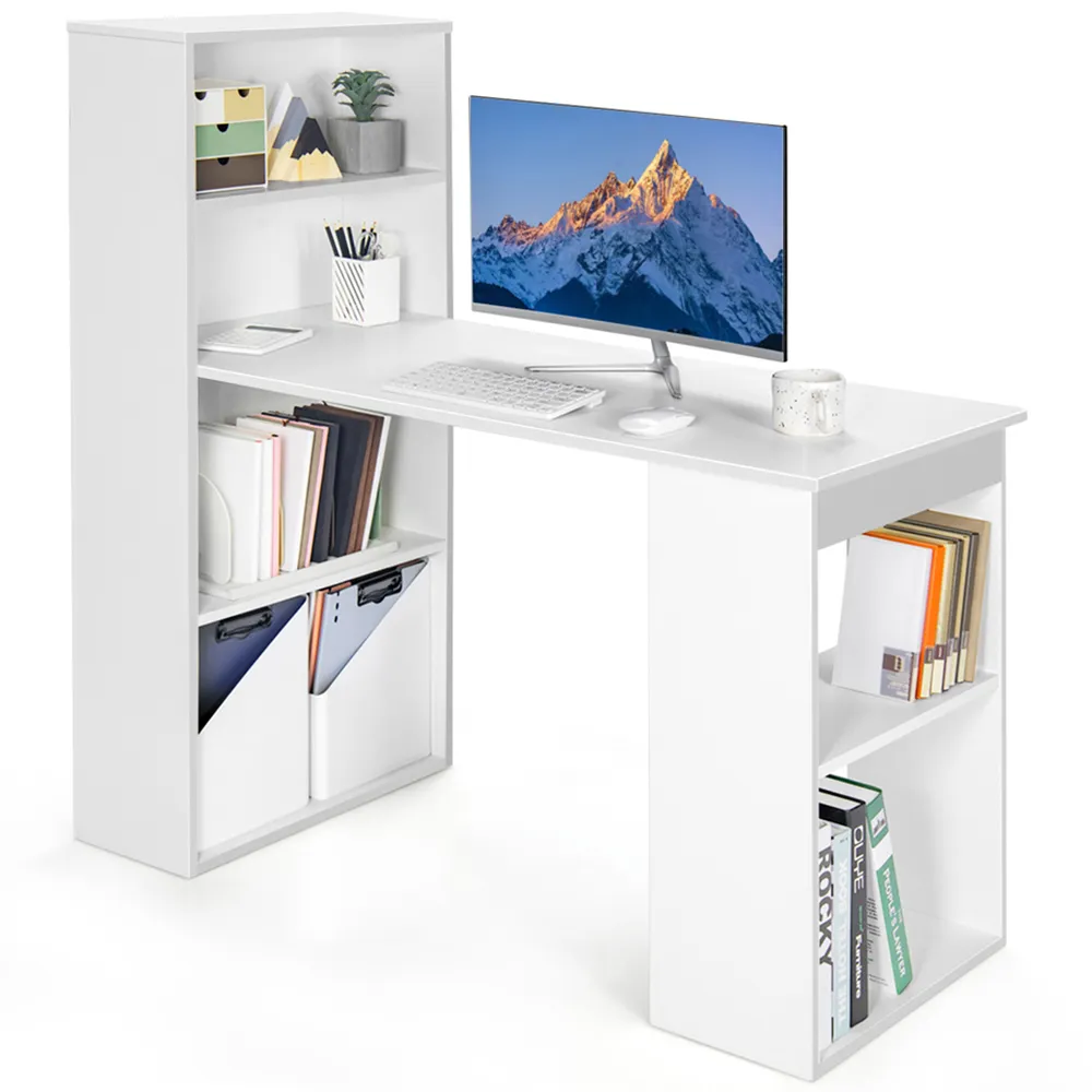 Wooden Computer Desk with Bookshelf - White