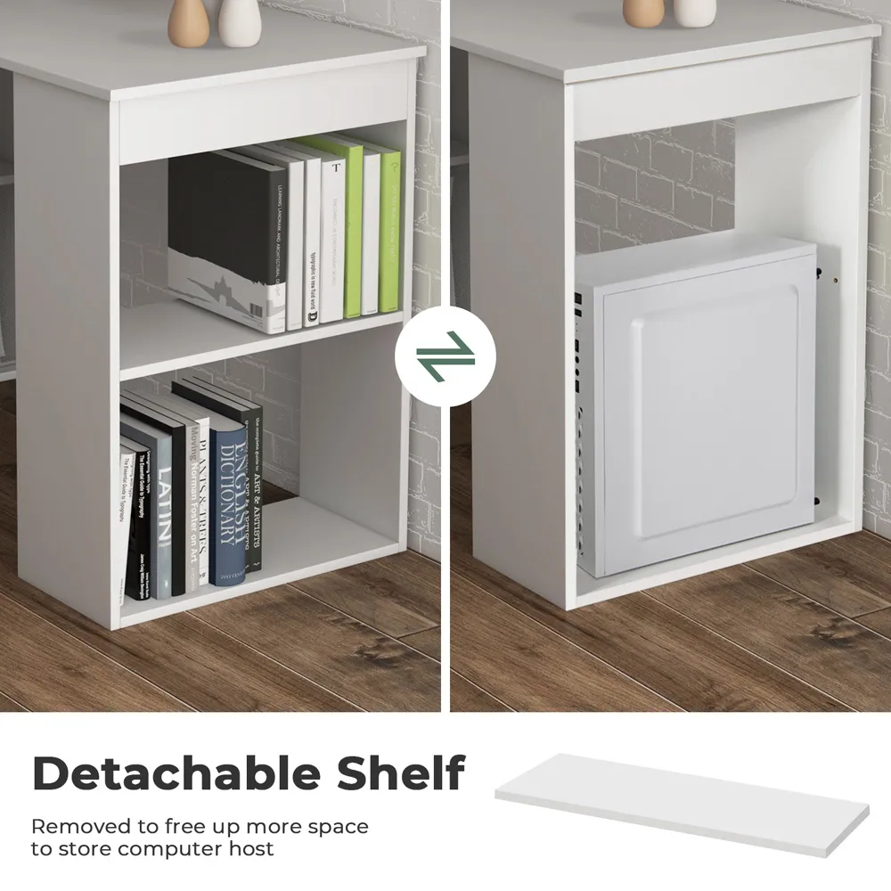 Wooden Computer Desk with Bookshelf - White