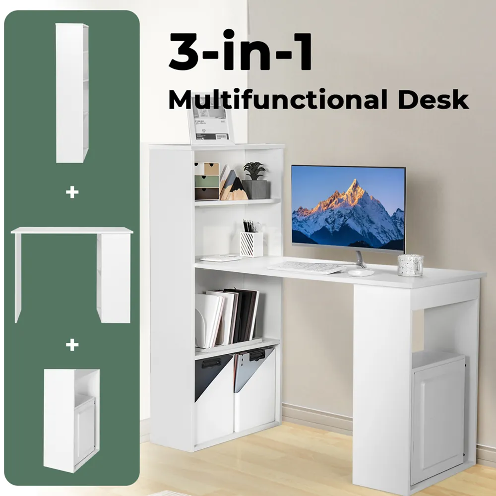 Wooden Computer Desk with Bookshelf - White