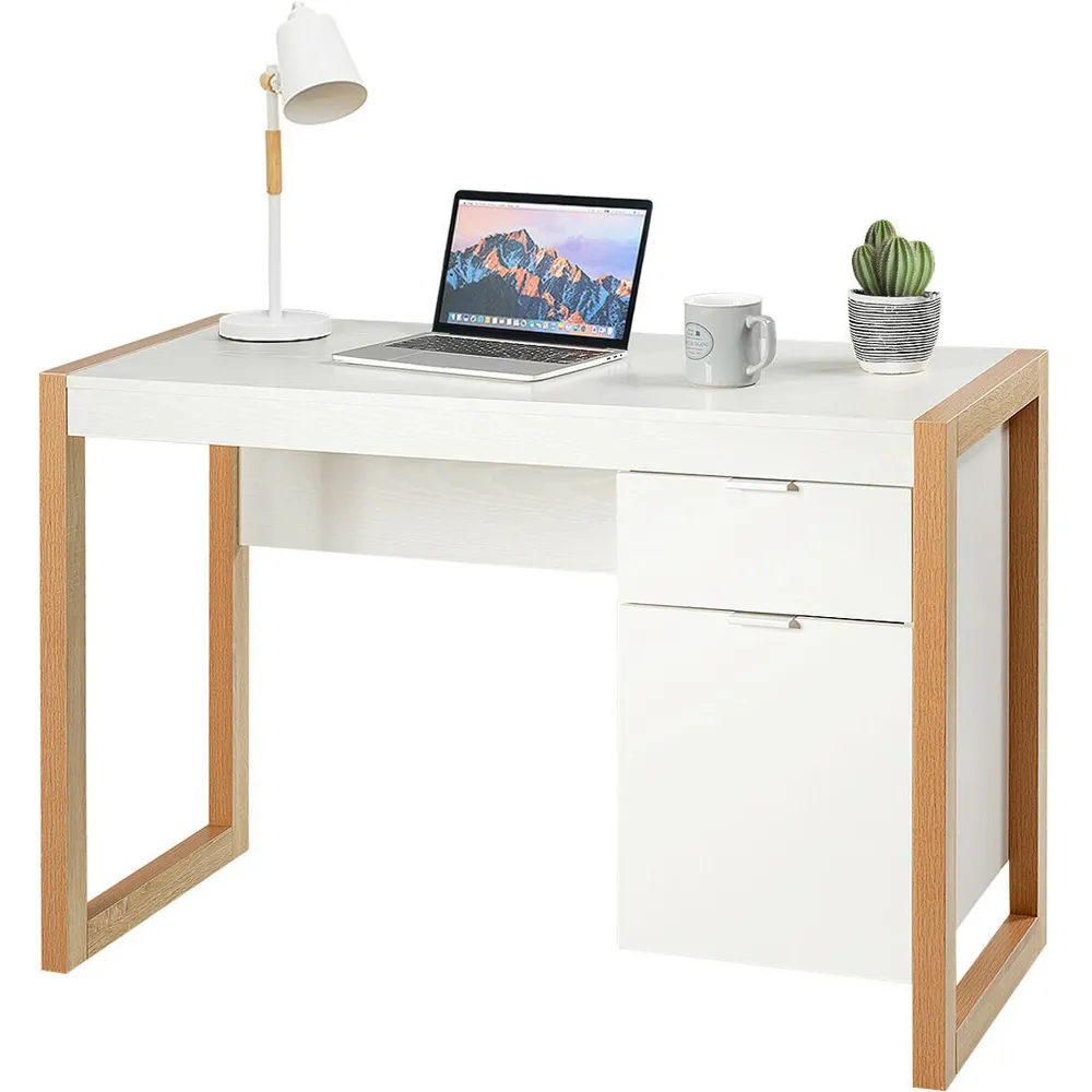 Wooden Computer Desk with Drawer and Cabinet - White
