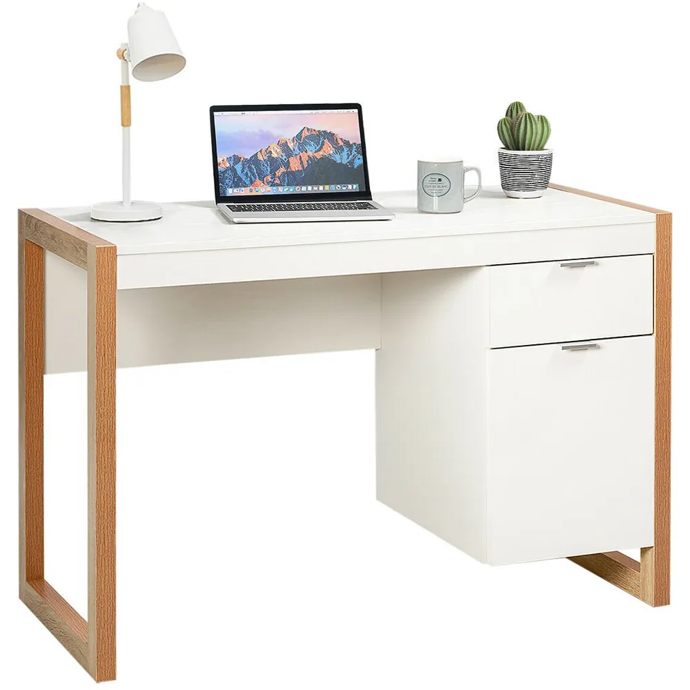 Wooden Computer Desk with Drawer and Cabinet - White