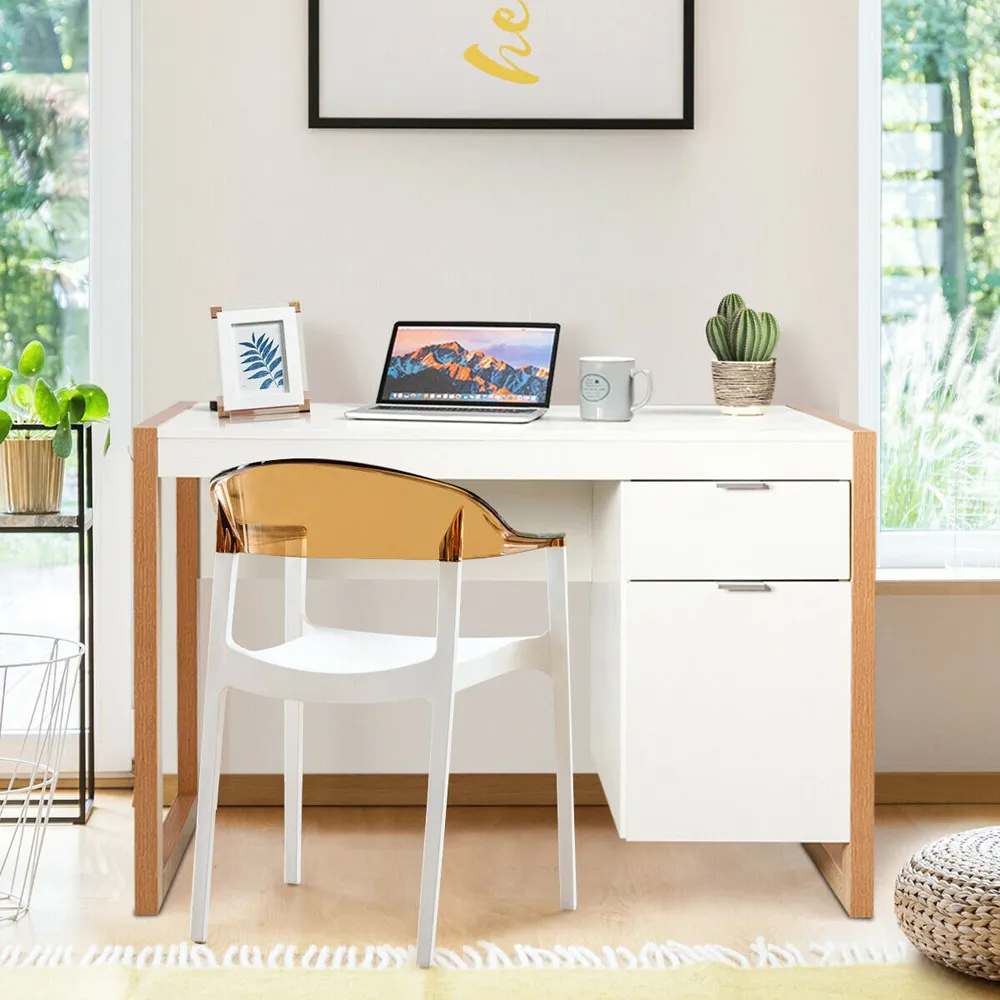 Wooden Computer Desk with Drawer and Cabinet - White