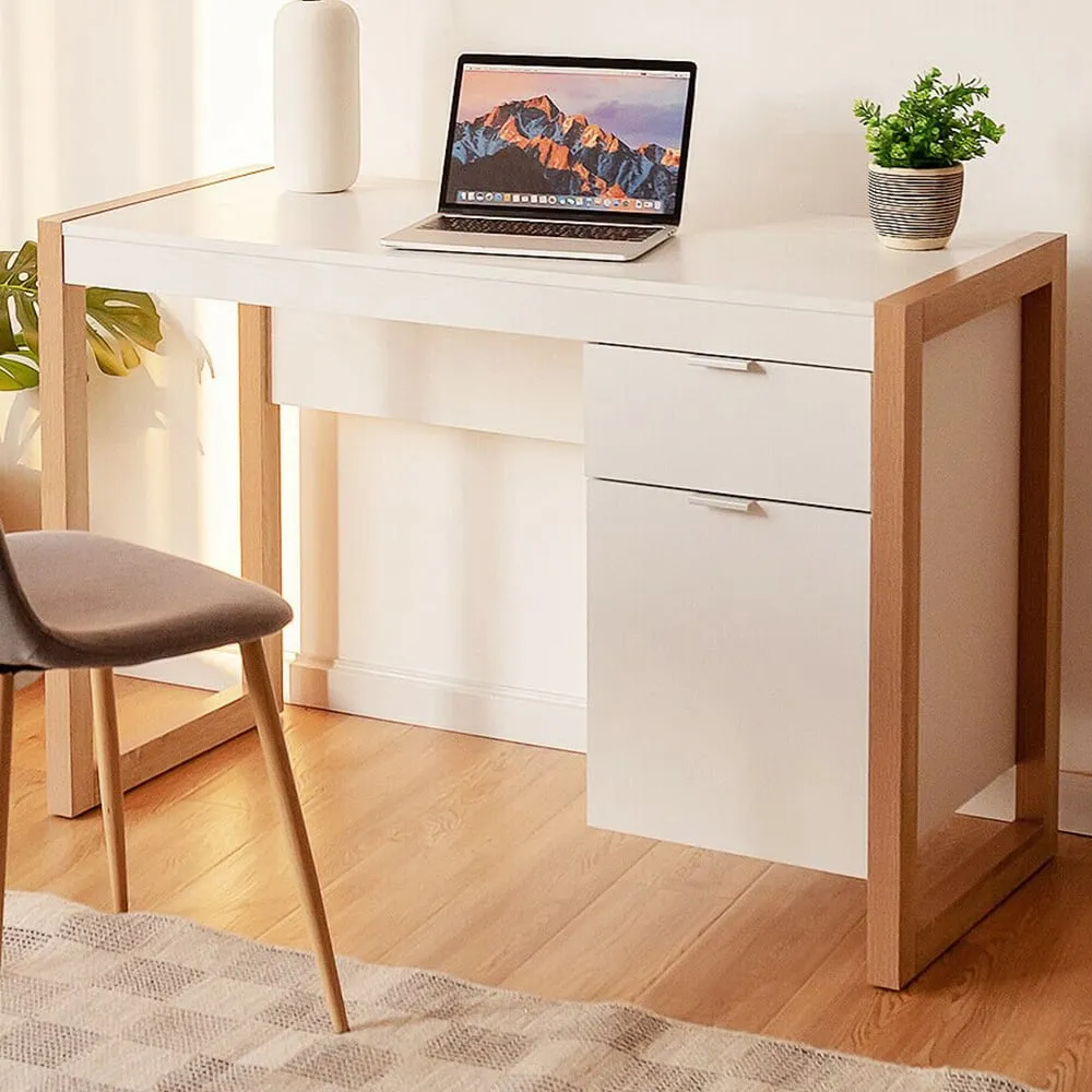 Wooden Computer Desk with Drawer and Cabinet - White