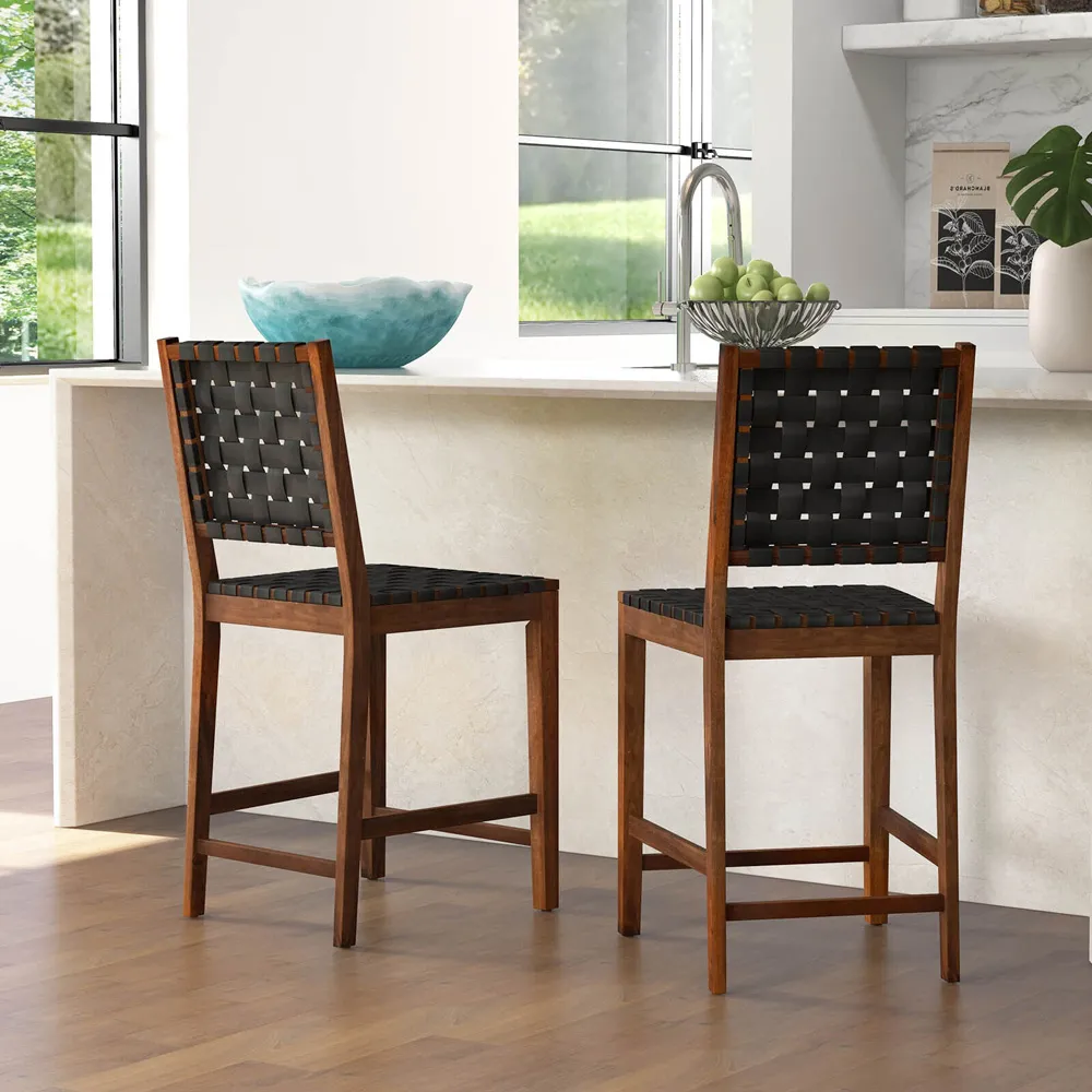 Woven Bar Stool Set of 2 - Brown, Acacia Wood