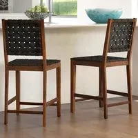 Woven Bar Stool Set of 2 - Brown, Acacia Wood