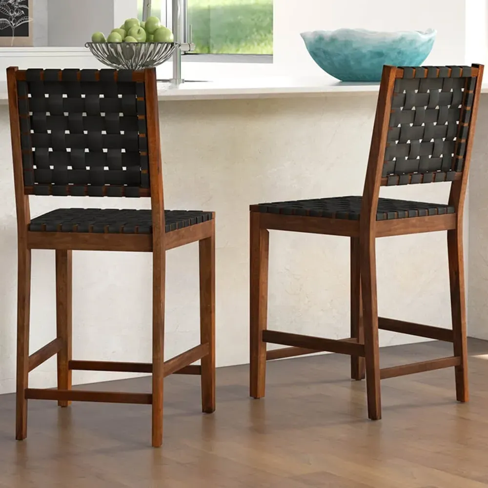 Woven Bar Stool Set of 2 - Brown, Acacia Wood