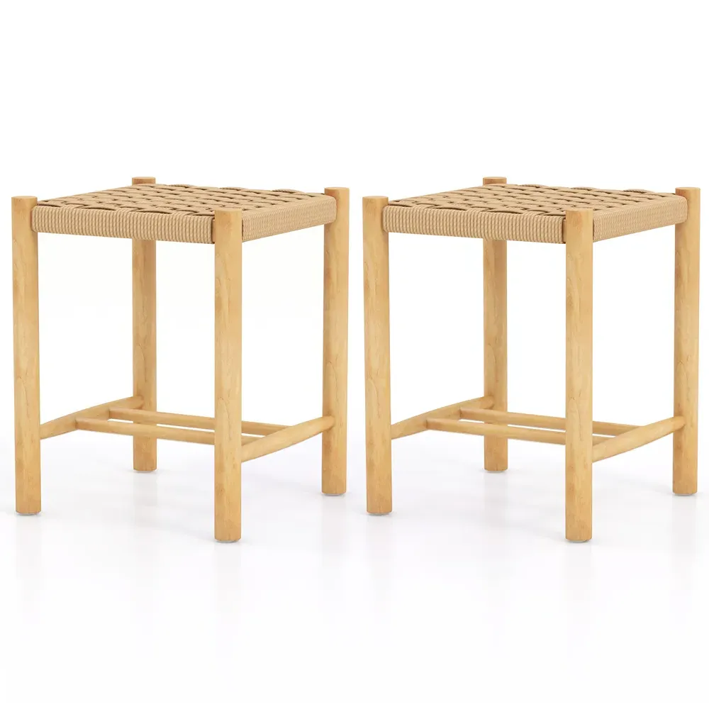 Woven Paper Dining Stool Set of 2 - Cream, Rubber Wood