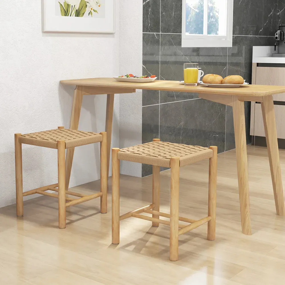 Woven Paper Dining Stool Set of 2 - Cream, Rubber Wood