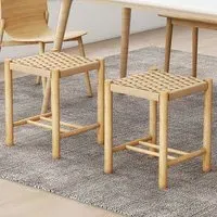 Woven Paper Dining Stool Set of 2 - Cream, Rubber Wood