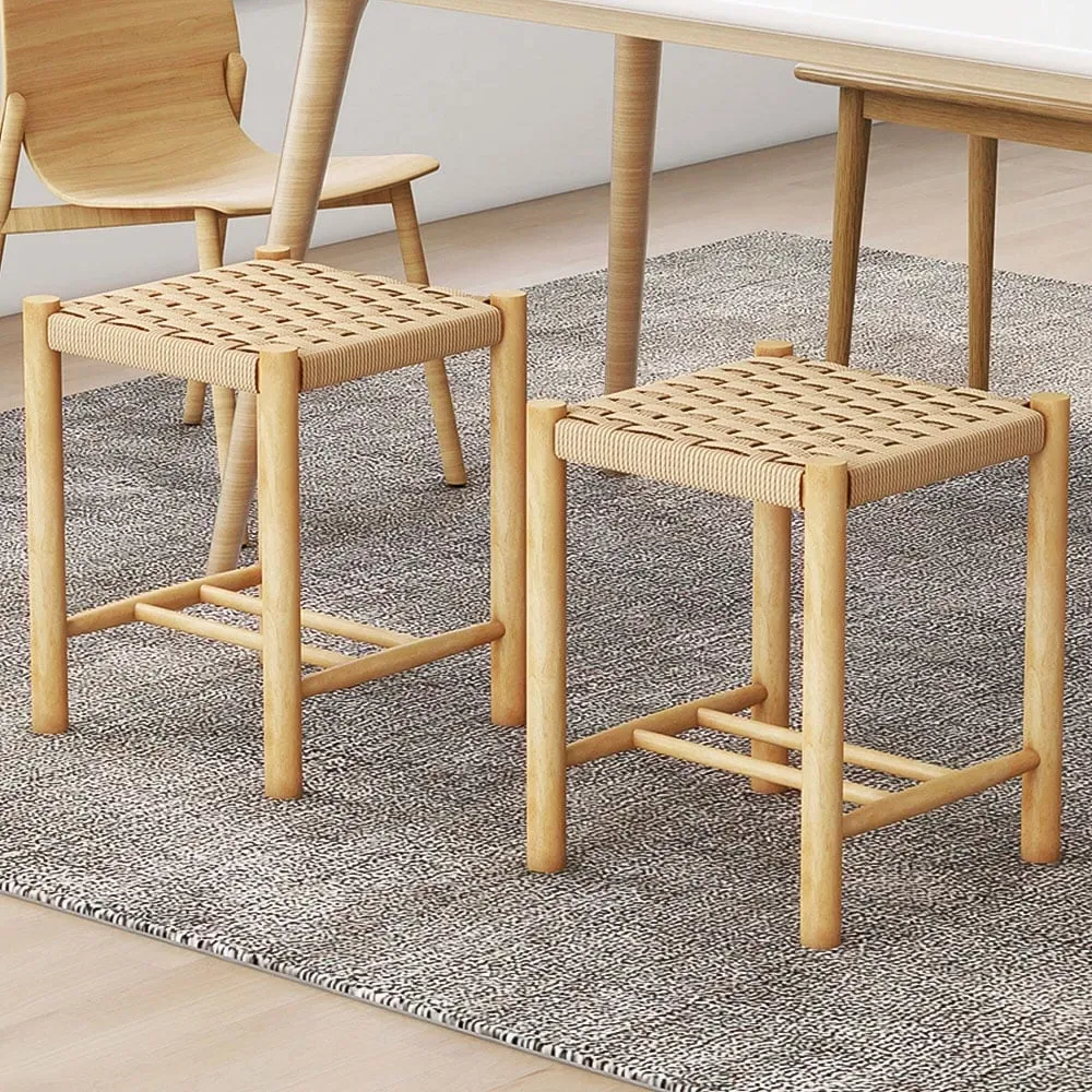 Woven Paper Dining Stool Set of 2 - Cream, Rubber Wood image