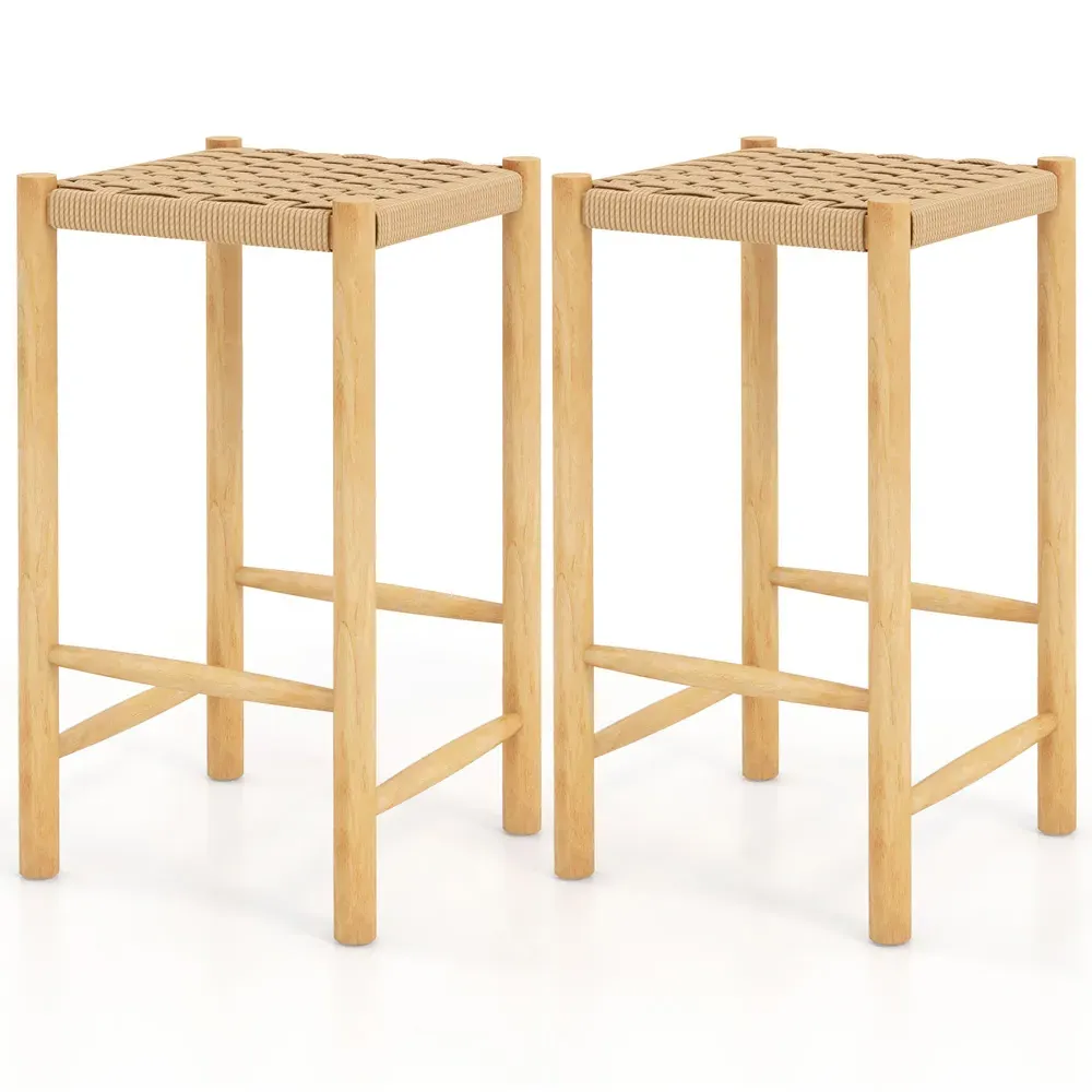 Woven Paper Dining Stool Set of 2 - Cream, Rubberwood