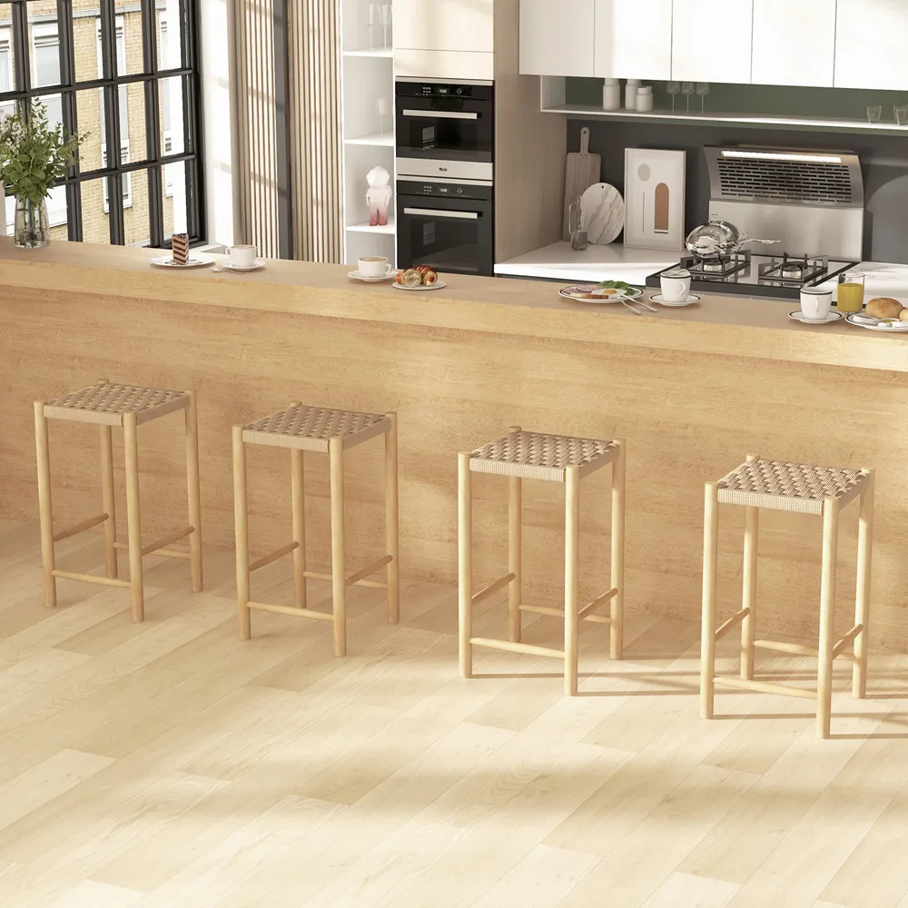 Woven Paper Dining Stool Set of 2 - Cream, Rubberwood