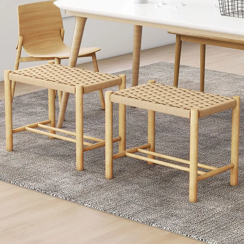Woven Paper Dining Stool Set of 2 - Cream, Rubberwood