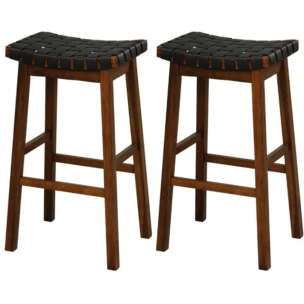 Woven Saddle Bar Stool Set of 2 - Black, Faux Leather
