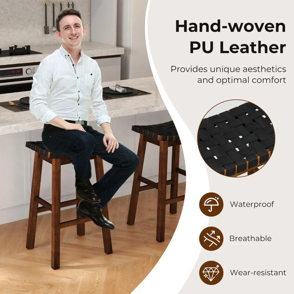 Woven Saddle Bar Stool Set of 2 - Black, Faux Leather