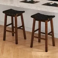 Woven Saddle Bar Stool Set of 2 - Black, Faux Leather