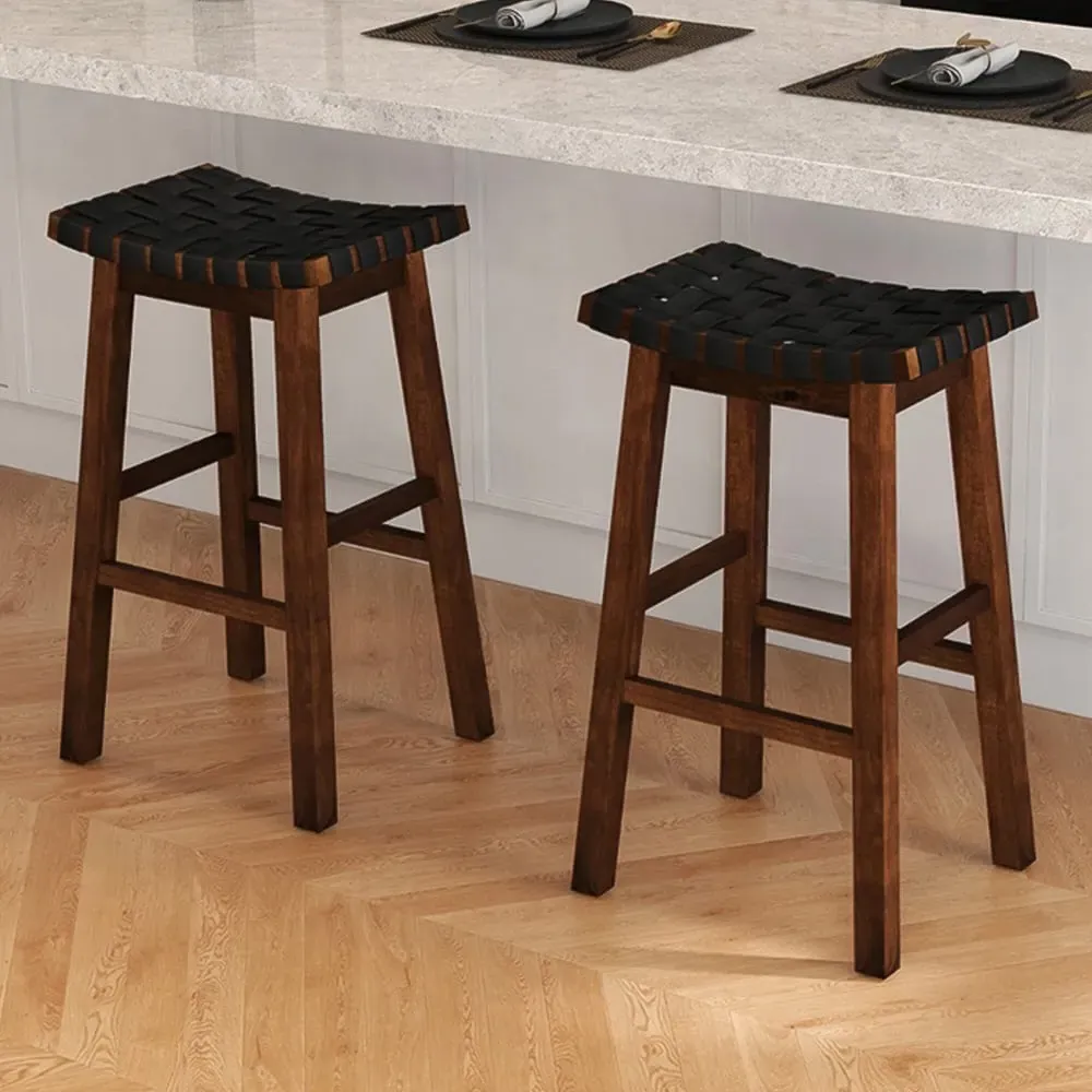 Woven Saddle Bar Stool Set of 2 - Black, Faux Leather
