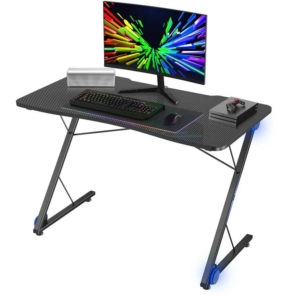 Z Shaped Gaming Desk with Blue Lights - Cream