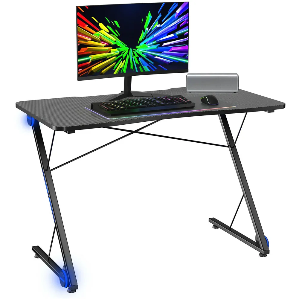 Z Shaped Gaming Desk with Blue Lights - Cream