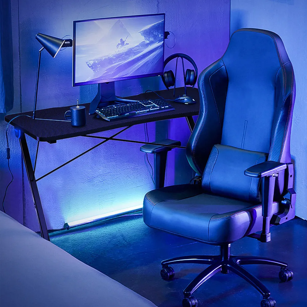 Z Shaped Gaming Desk with Blue Lights - Cream