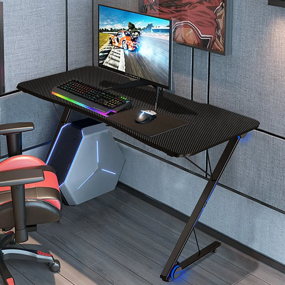 Z Shaped Gaming Desk with Blue Lights - Cream