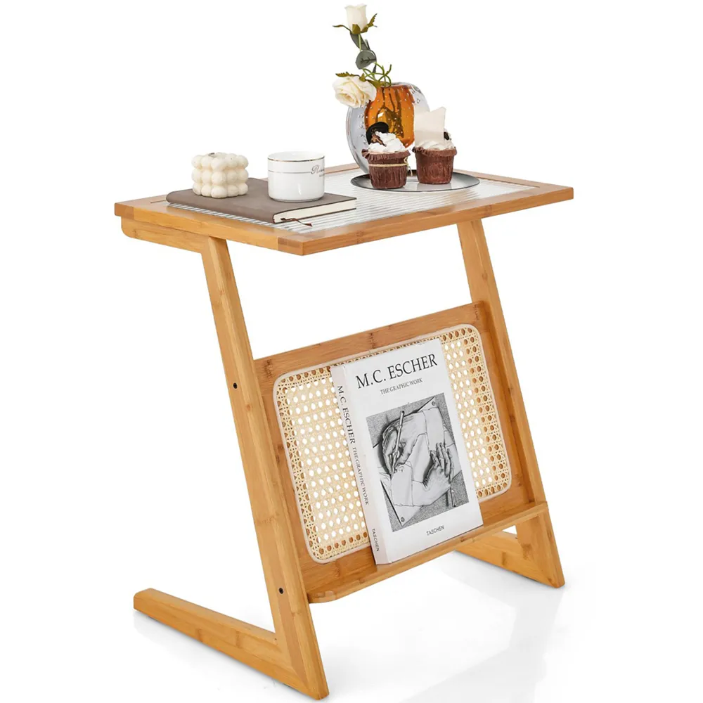 Z-Shaped Single Shelf Side Table - Bamboo, Rattan
