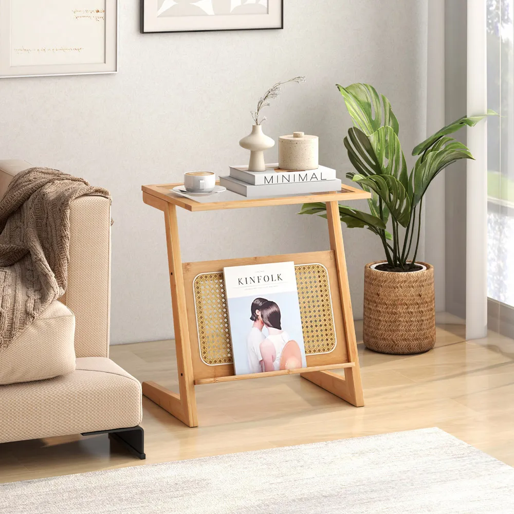 Z-Shaped Single Shelf Side Table - Bamboo, Rattan