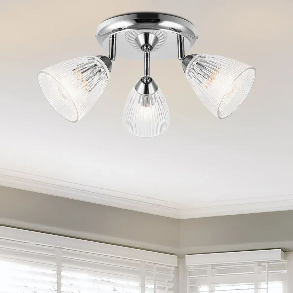 Athella 3 Light Bathroom Spotlight - Silver, Ribbed Glass