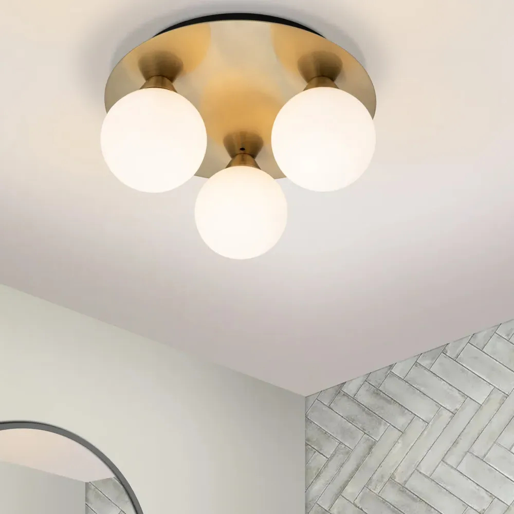 Bowen 3 Light Flush Ceiling Light - Brass, Opal Glass