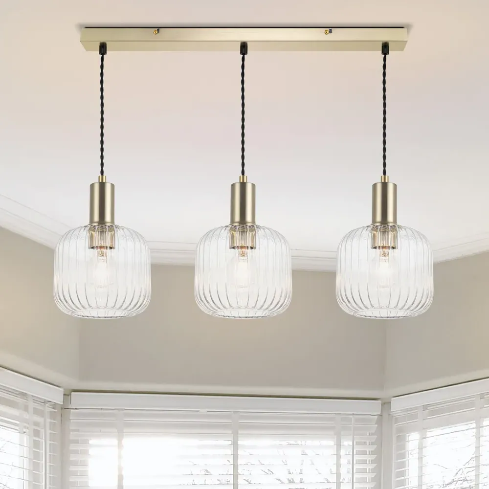 Clayton 3 Light Bar Pendant Light - Gold, Ribbed Glass