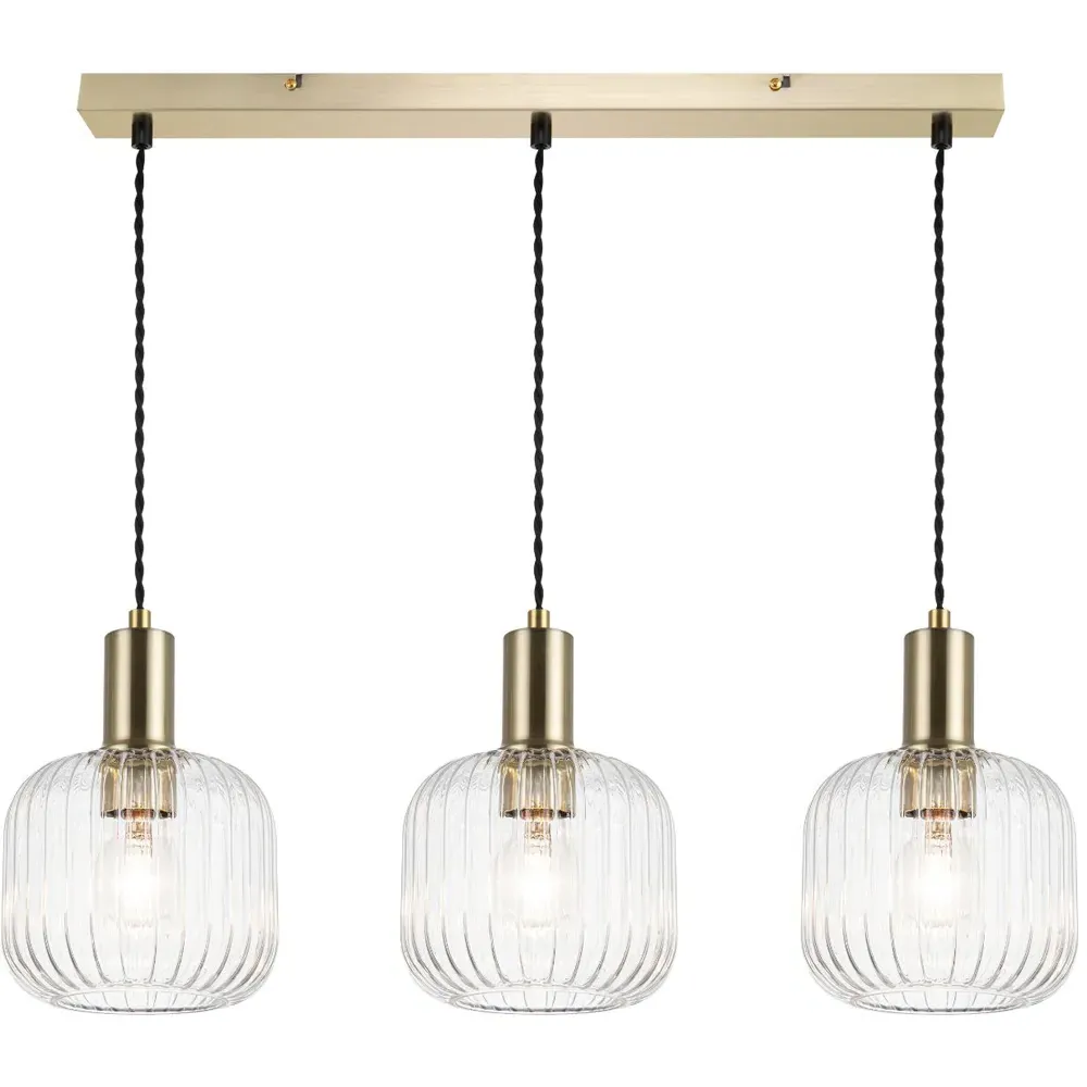 Clayton 3 Light Bar Pendant Light - Gold, Ribbed Glass