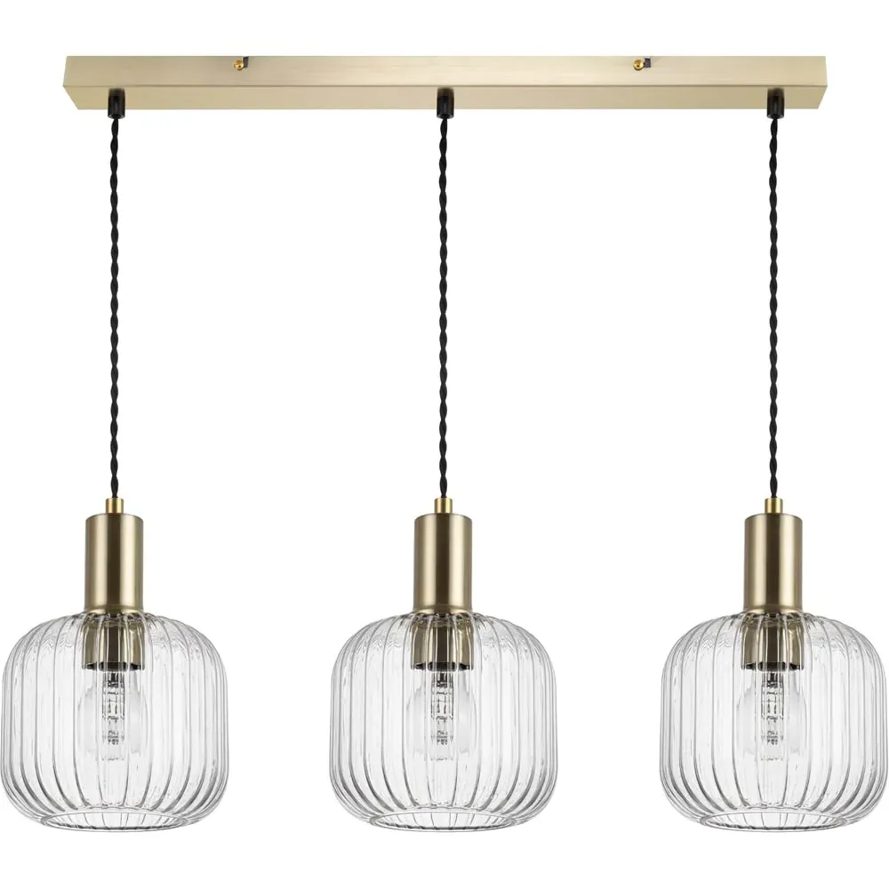 Clayton 3 Light Bar Pendant Light - Gold, Ribbed Glass image