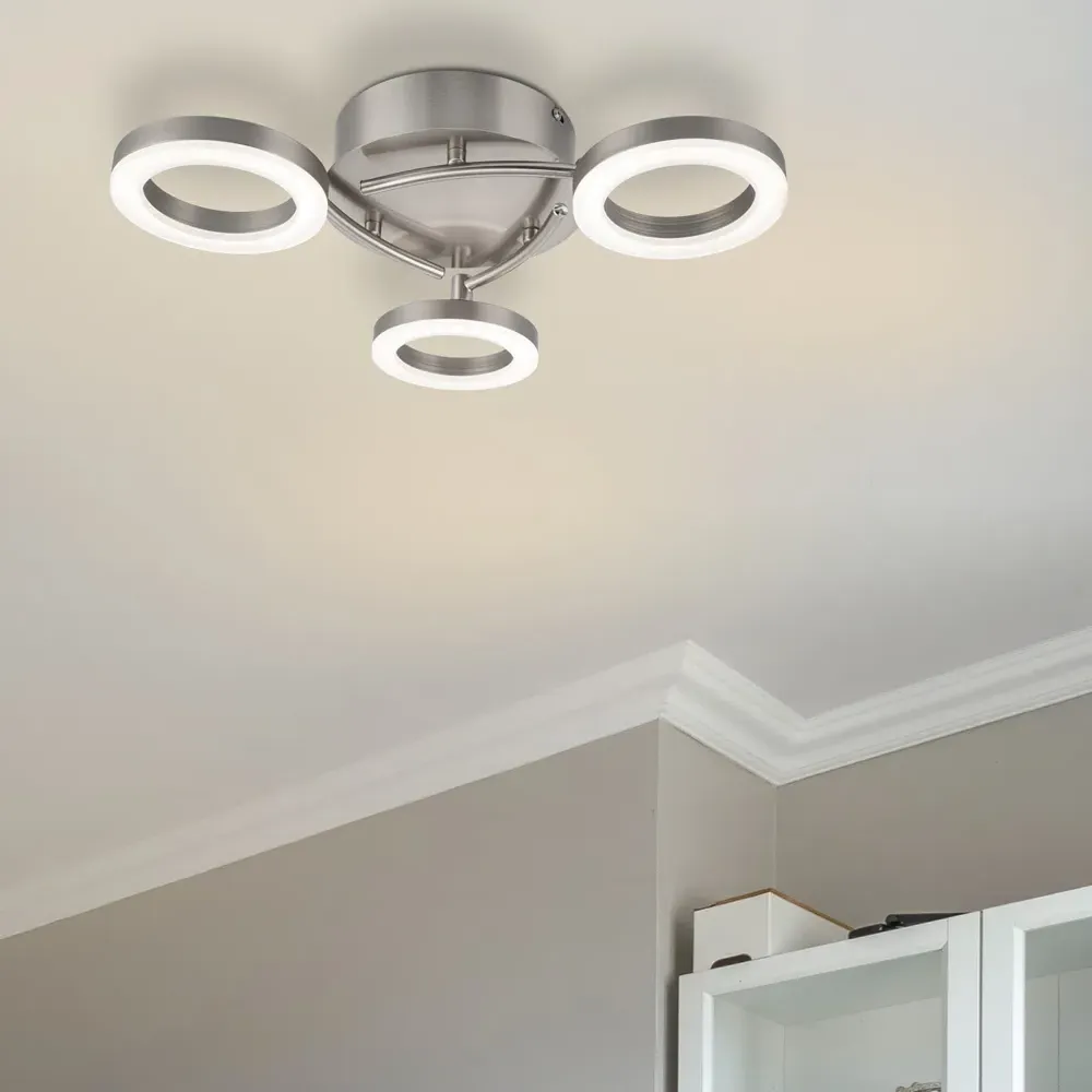 Juni 3 Ring LED Flush Ceiling Light - Silver, Matt Nickel