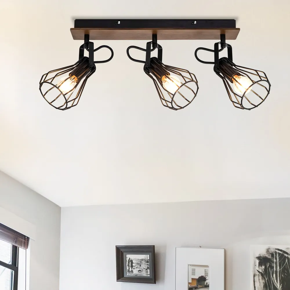 Kendan 3 Light Wire Shade Spotlight - Matt Black, Wood