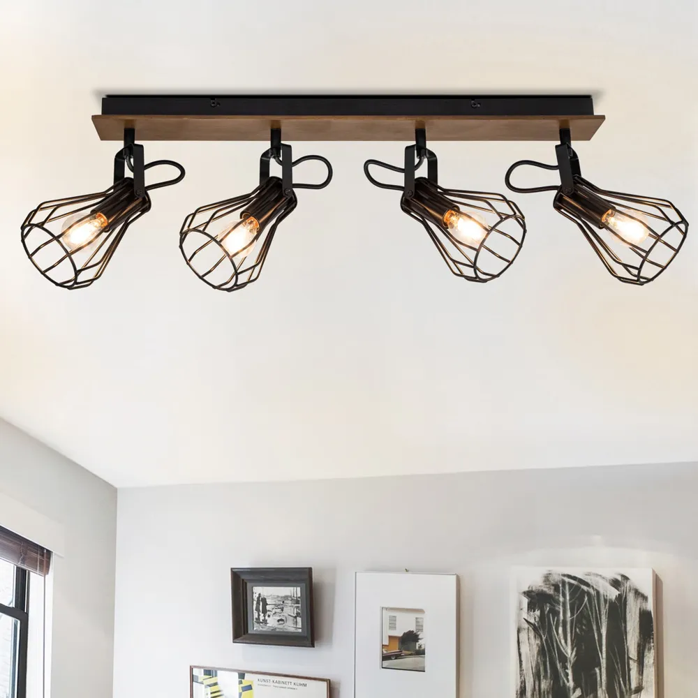 Kendan 4 Light Wire Shade Spotlight - Matt Black, Wood