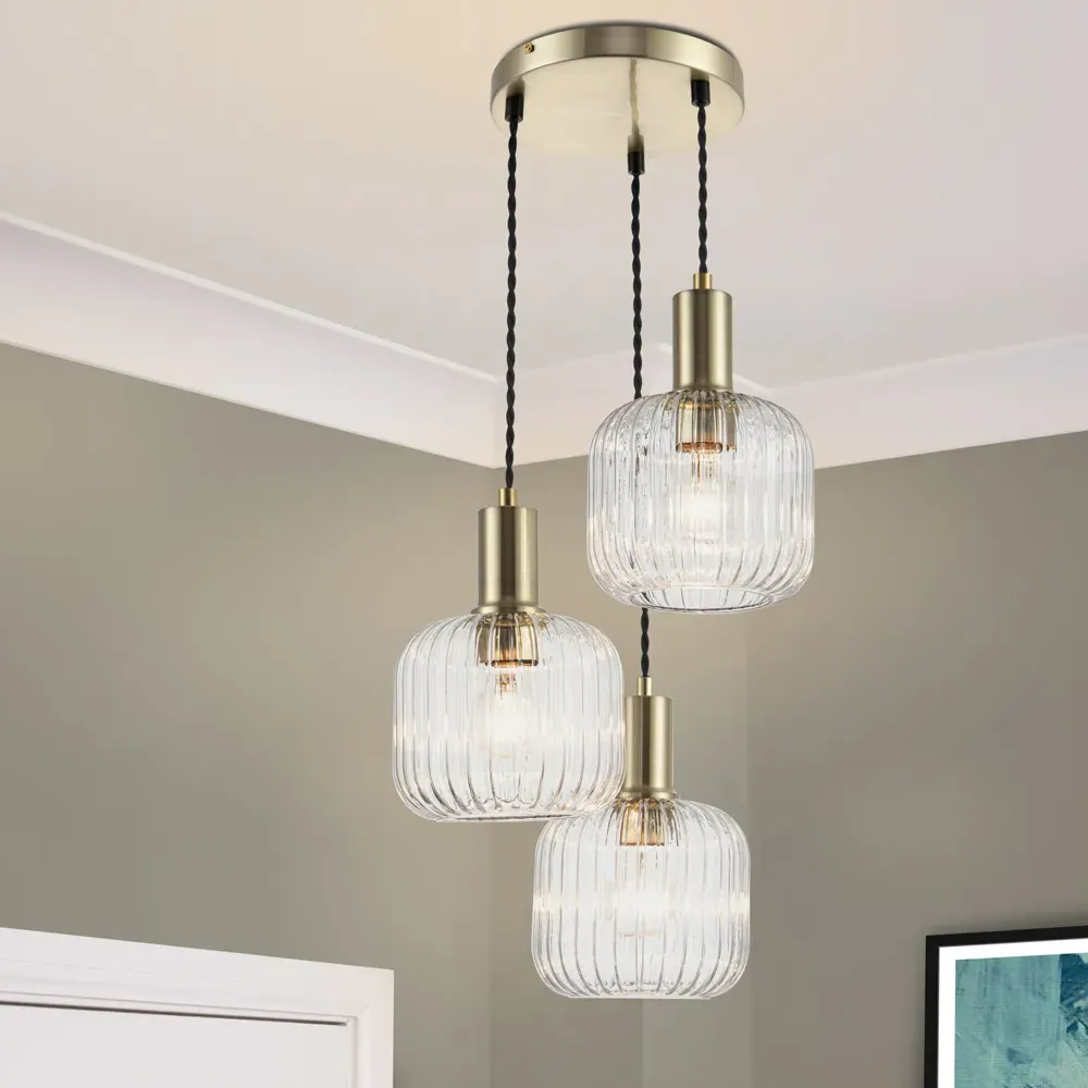 Maple 3 Light Cluster Pendant Light - Gold, Ribbed Glass