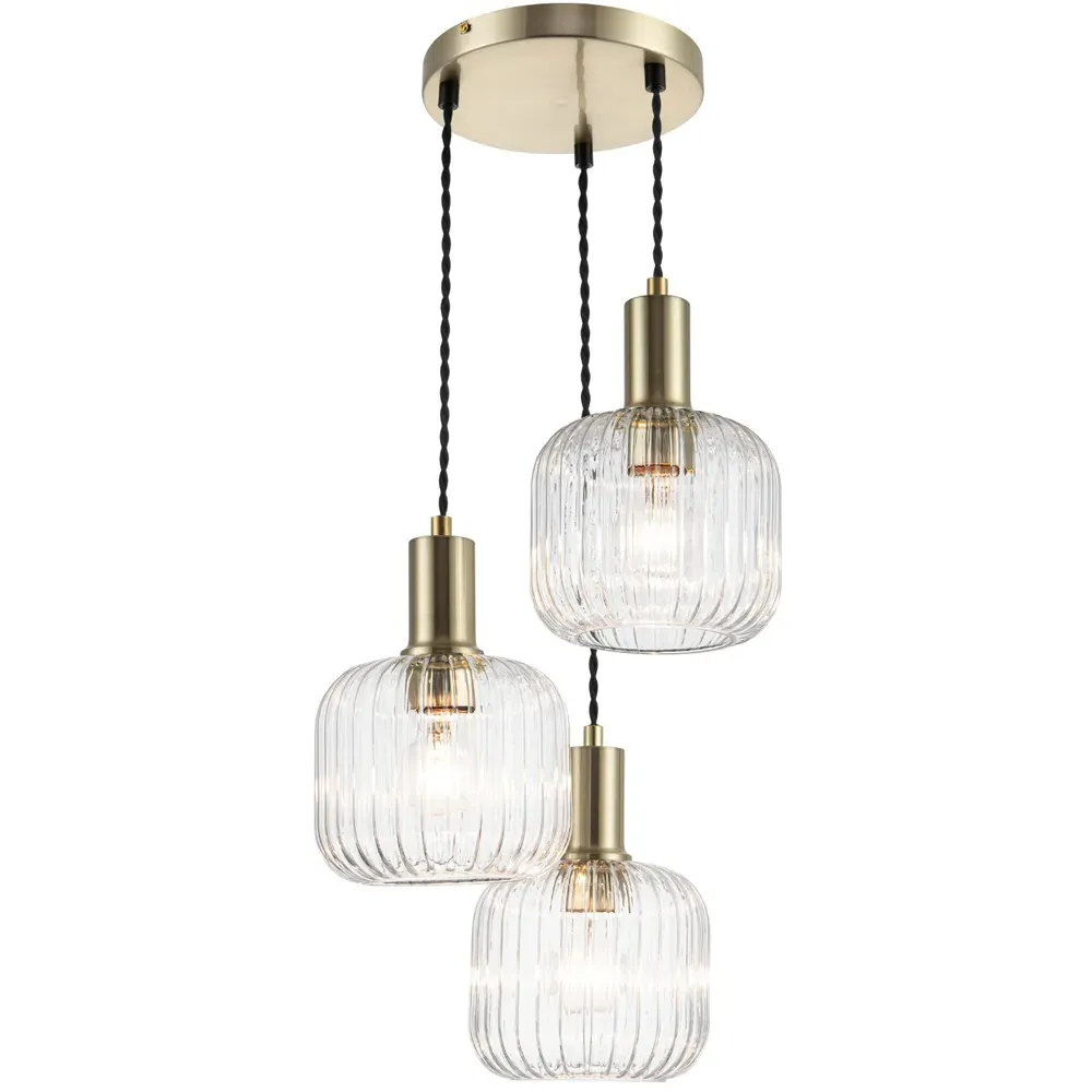 Maple 3 Light Cluster Pendant Light - Gold, Ribbed Glass