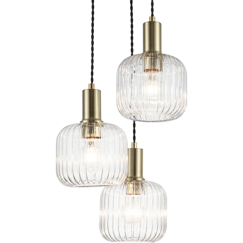 Maple 3 Light Cluster Pendant Light - Gold, Ribbed Glass