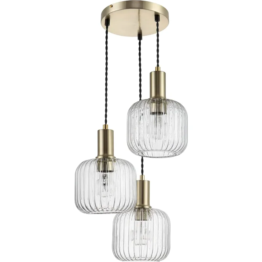 Maple 3 Light Cluster Pendant Light - Gold, Ribbed Glass image