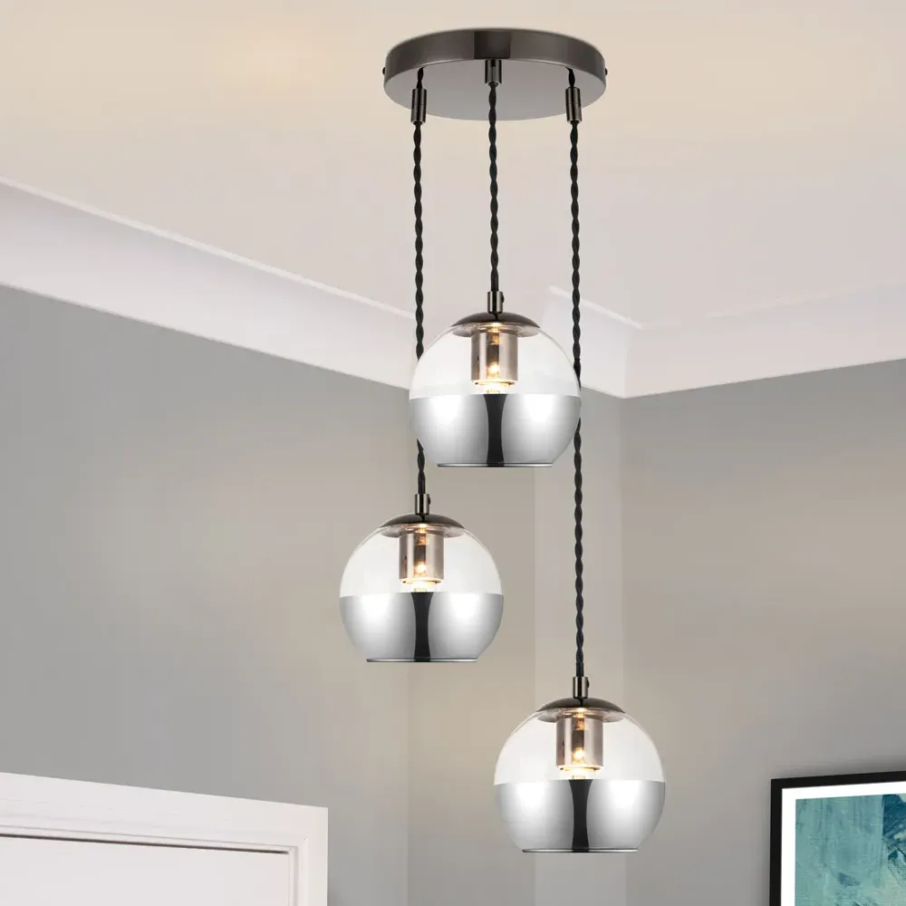 Marlo 3 Light Cluster Pendant Light - Black, Smoky Glass