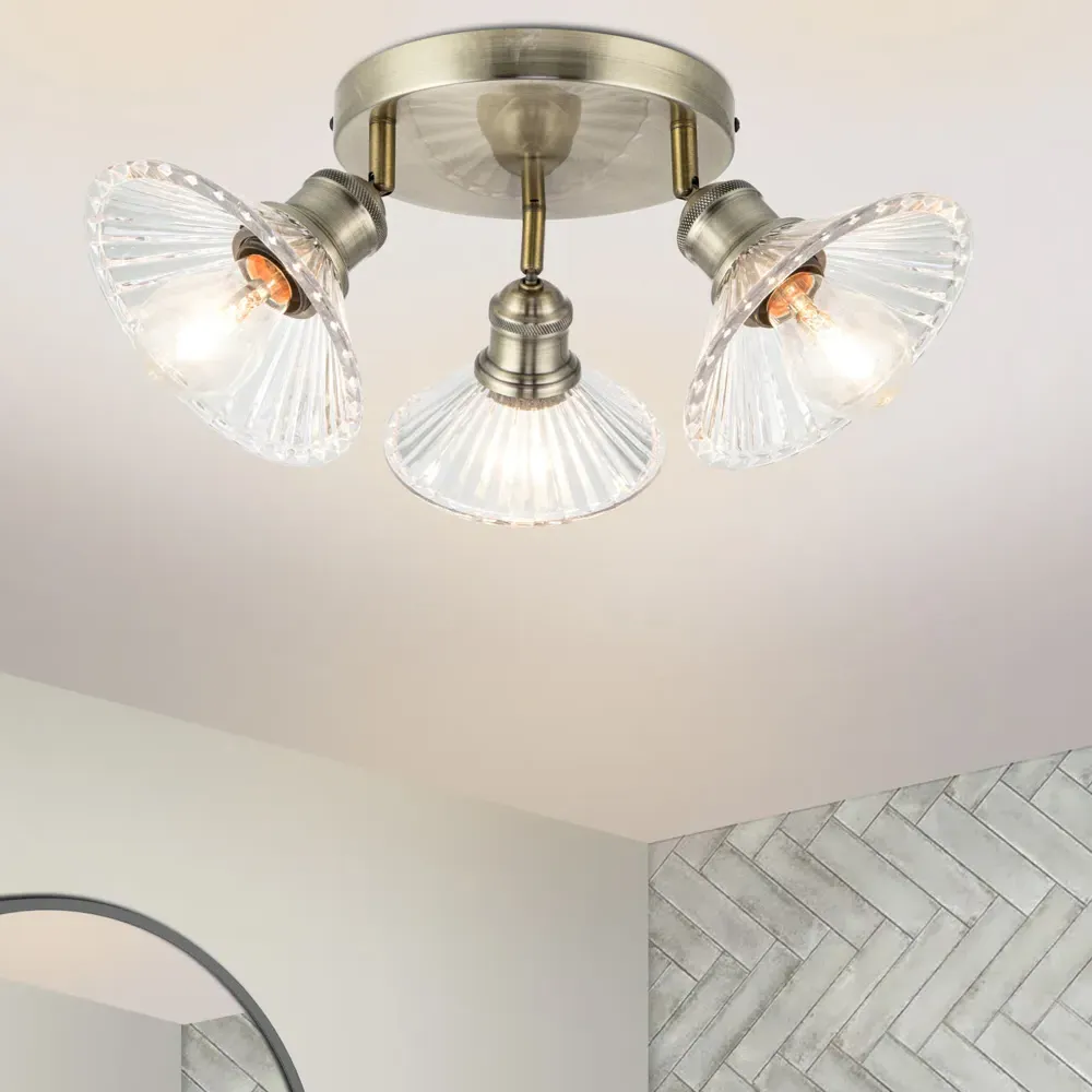 Milan 3 Light Round Plate Ribbed Glass Spotlight - Gold