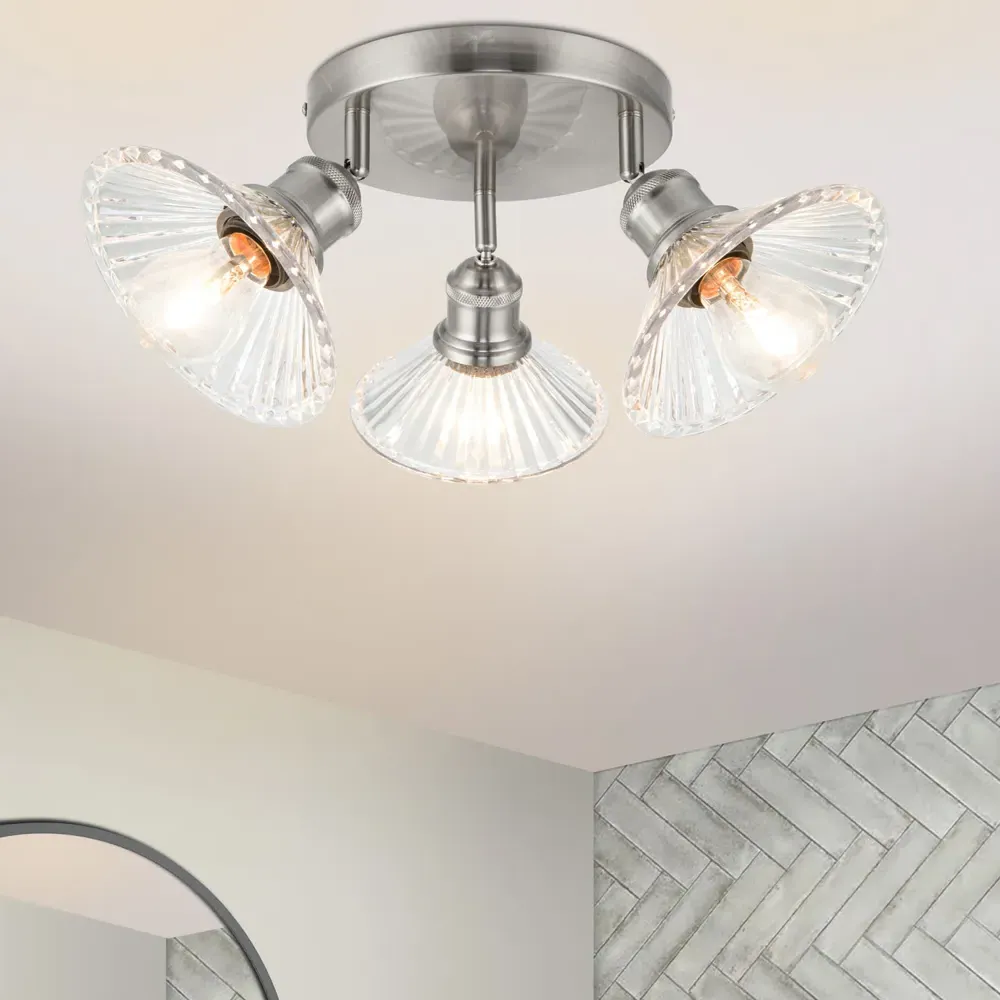 Milan 3 Light Round Plate Ribbed Glass Spotlight - Silver