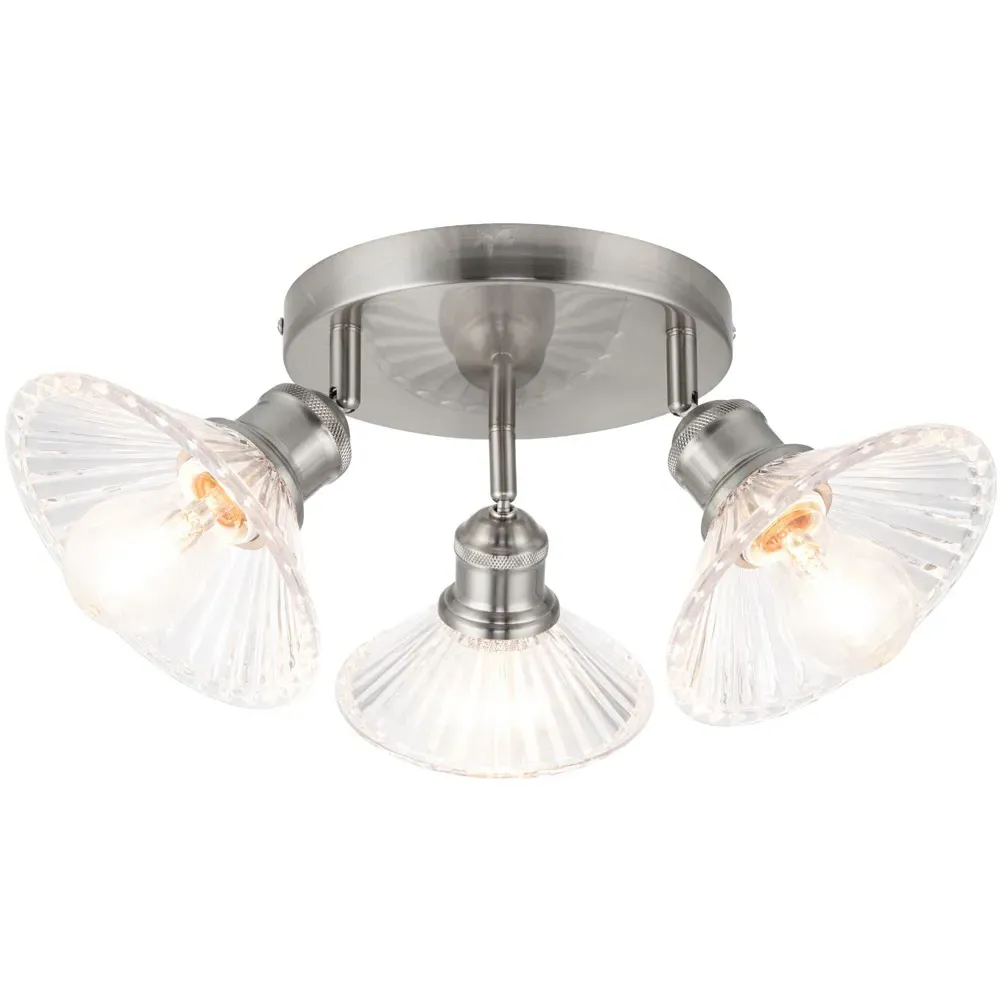 Milan 3 Light Round Plate Ribbed Glass Spotlight - Silver