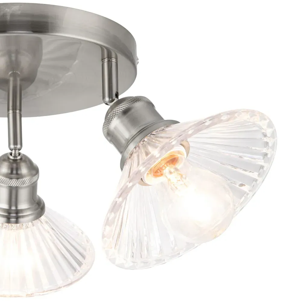 Milan 3 Light Round Plate Ribbed Glass Spotlight - Silver