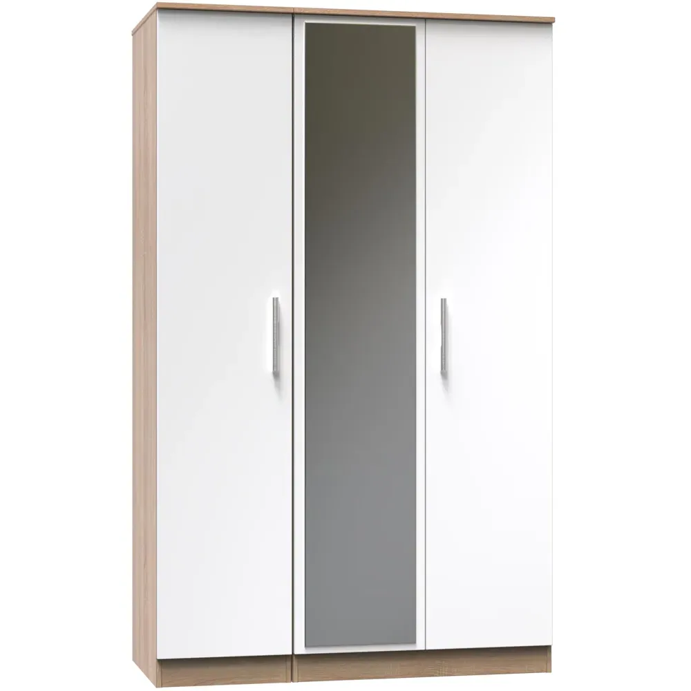 3 Door Tall Mirrored Wardrobe - White, Bardolino Oak